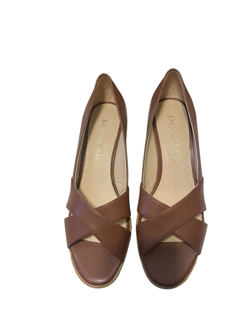Jack Rogers Brown Leather Crisscross Wedge Espadrille Sandal Preppy sz 9 NIB